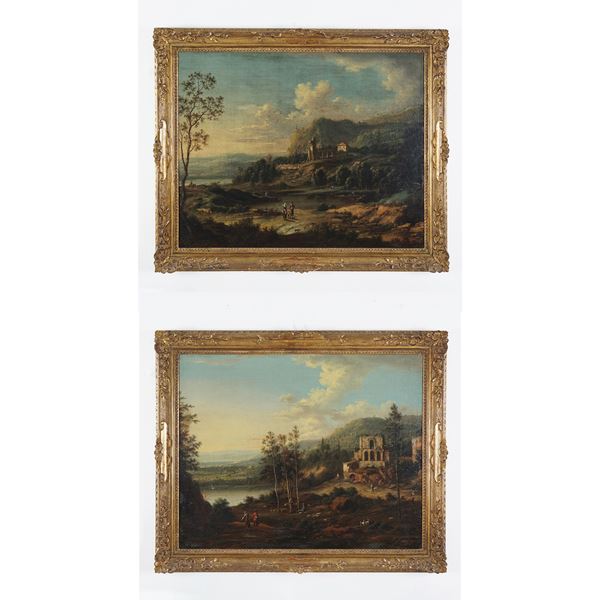 Bartolomeo Pedon (attr.) - Bartolomeo Pedon (attr.), Paesaggi con ruderi e figure