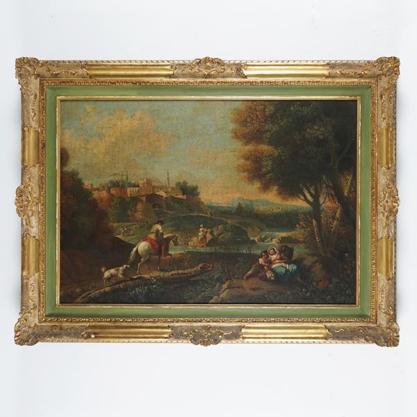 Pittore veneto del XVIII secolo - Paesaggio fluviale con borgo e figure, XVIII secolo
