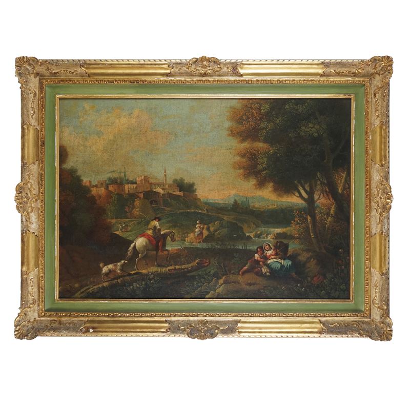 Pittore del XVIII secolo, Paesaggio fluviale con borgo e figure