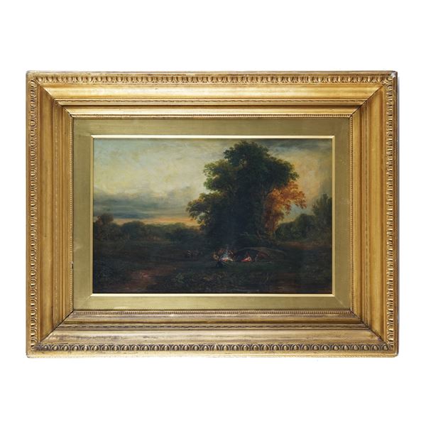 Pittore del XIX secolo - Paesaggio al tramonto con figure accanto a un fuoco, XIX secolo