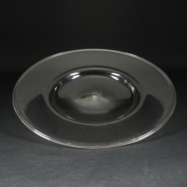 Centrotavola di forma circolare in vetro soffiato trasparente, Murano