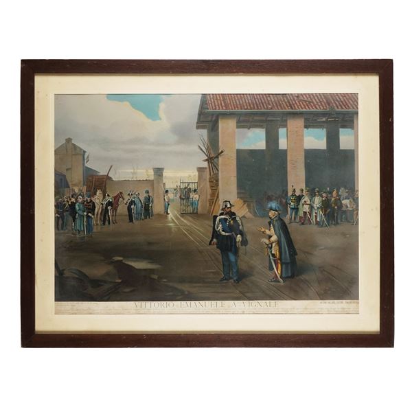 Litografia a colori raffigurante Vittorio Emanuele a Vignale