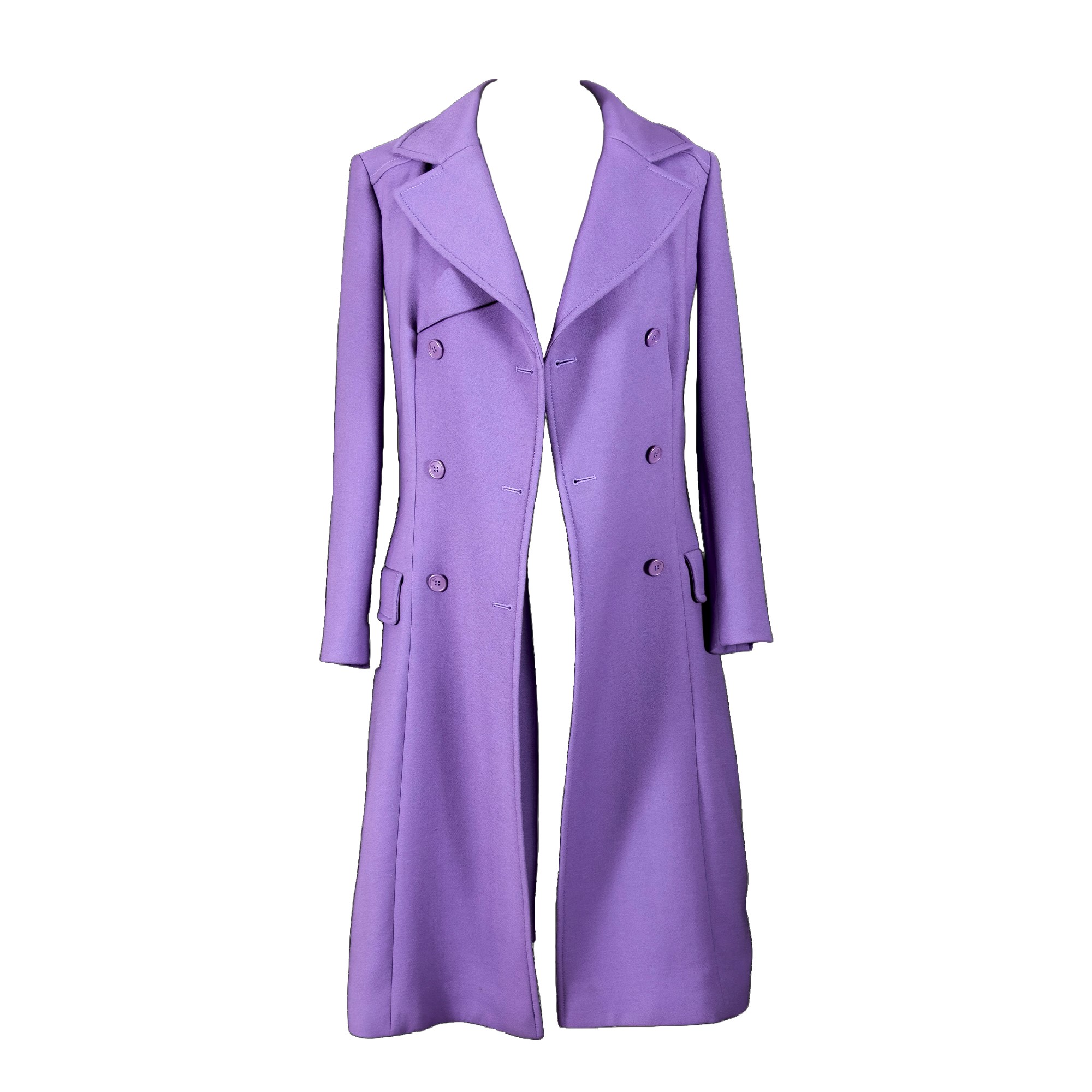 Christian Dior, Abito a tubino in lana viola con scollo a V e cappottino abbinato