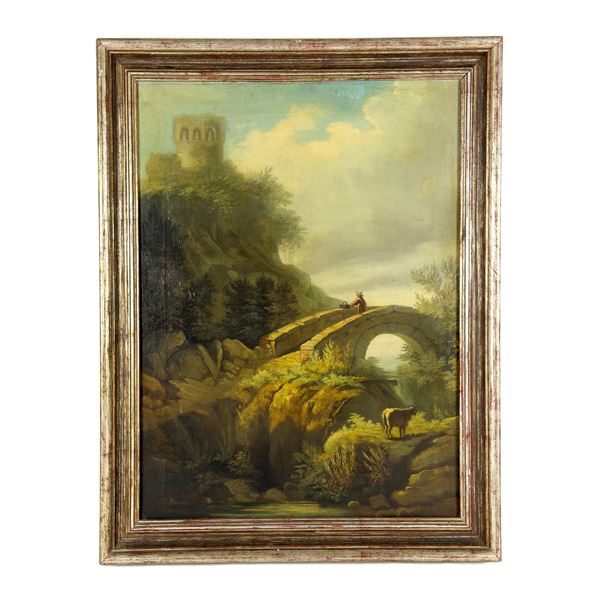 Paesaggio di campagna con ponte e figura, XIX secolo