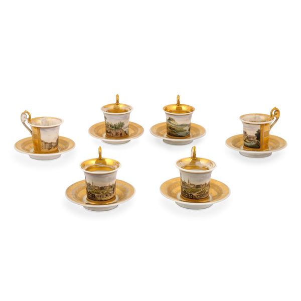 Sei tazze con piatto in porcellana bianca, dorata e policroma, prima metà del XIX secolo