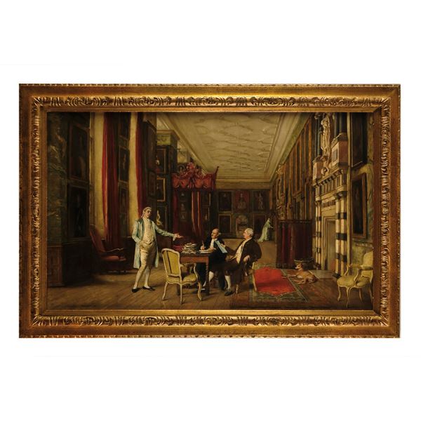 Claude Calthrop : Claude Calthrop, Scena di interno con figure  (Spalding 1845 - Londra 1893)  - Asta Soli mai - Bolli & Romiti - Casa d'Aste in Roma