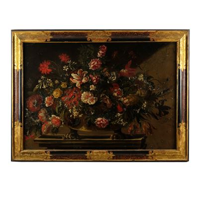 Pittore toscano del XVII secolo, Bacile con fiori sopra una mensola