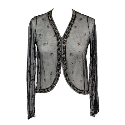 Giacchino in tulle nero con applicazioni ornamentali e strass, circa 1920