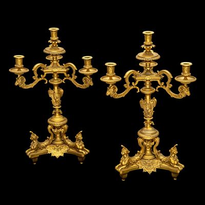 Candelabri in bronzo dorato, Francia, XIX secolo, forma a quattro luci