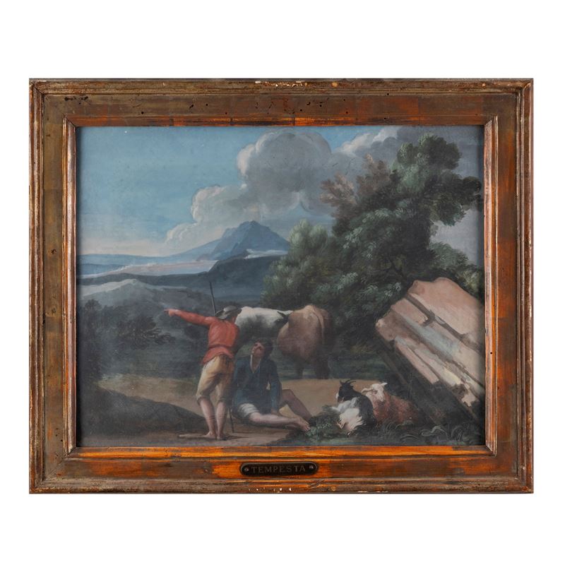 Johann Gotthard Müller (attr.), Paesaggio fluviale con contadini e armenti, coppia di tempere su ...