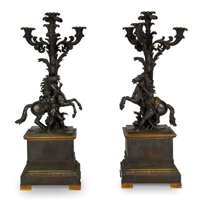 Candelabri in bronzo patinato e dorato, Francia, XIX secolo