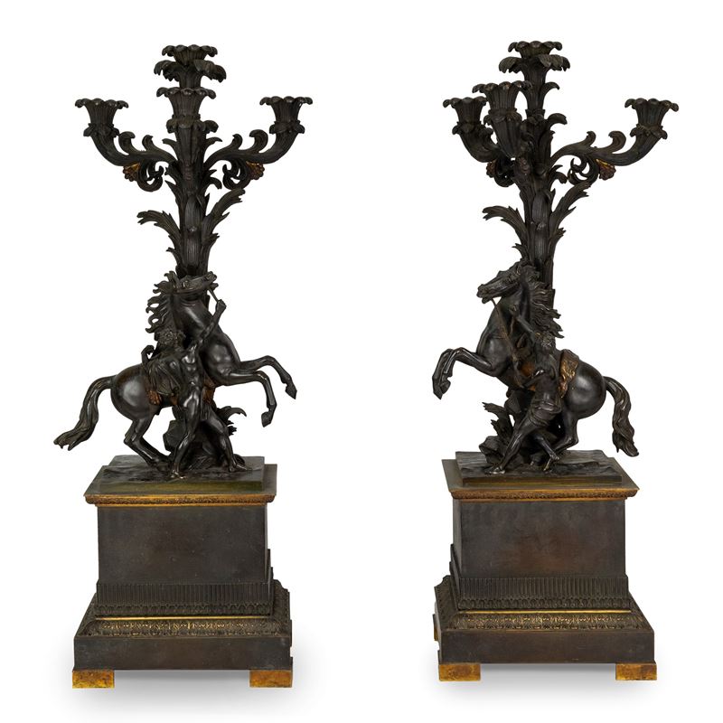 Candelabri in bronzo patinato e dorato, Francia, XIX secolo