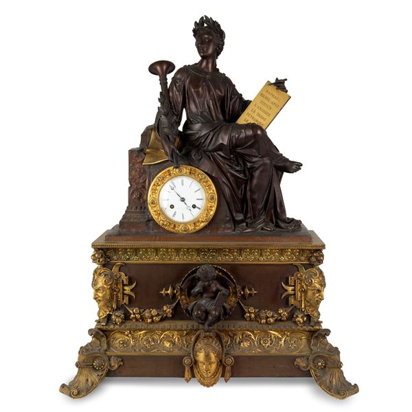 Pendola in bronzo patinato e dorato, Francia, XIX secolo