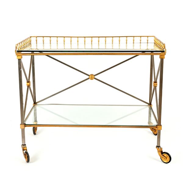 Carrello portavivande in metallo cromato e bronzo dorato