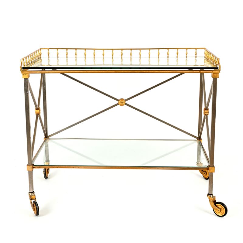 Carrello portavivande in metallo cromato e bronzo dorato