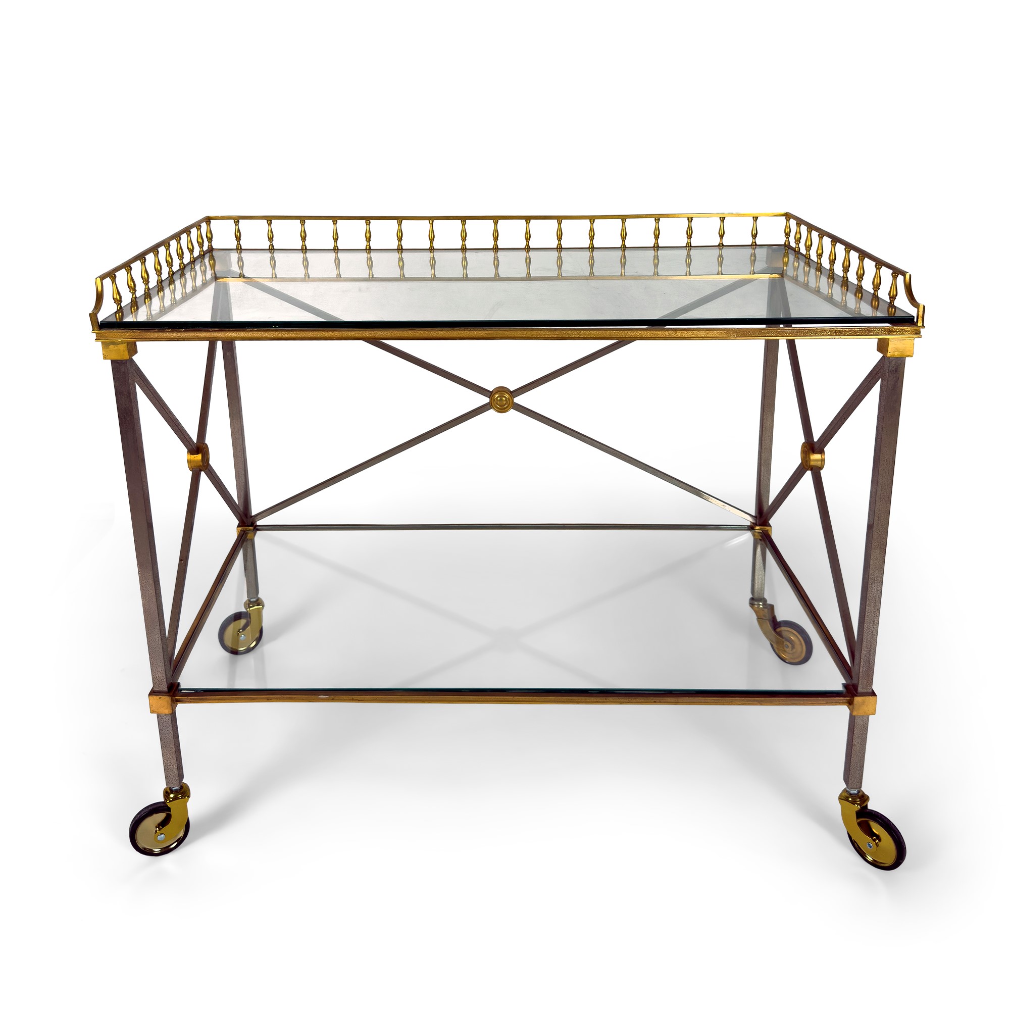 Carrello portavivande in metallo cromato e bronzo dorato