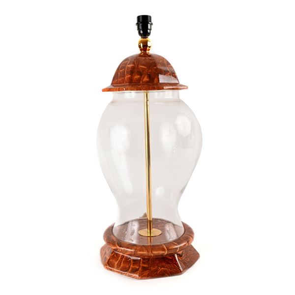 Lampada da tavolo in vetro e ceramica a finta pelle marrone