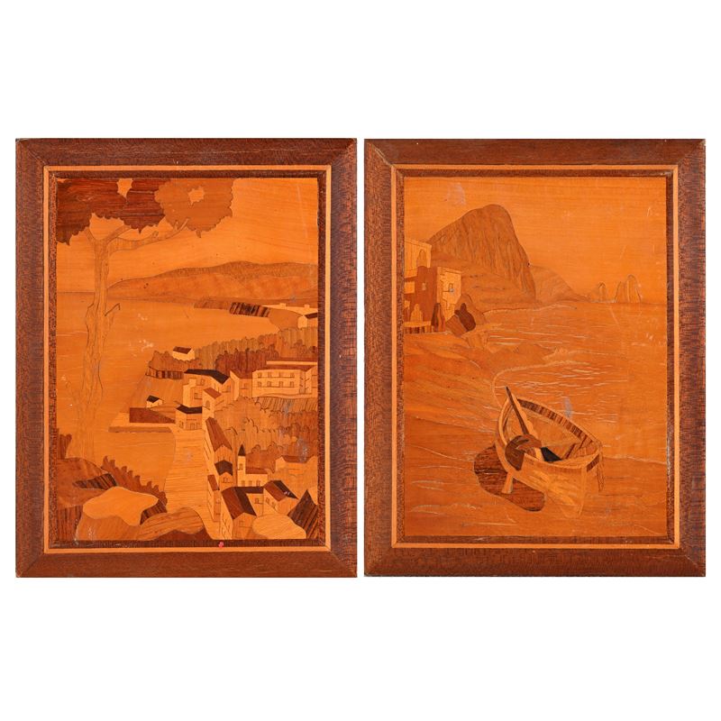 Coppia di piccole formelle in legno, anni '40