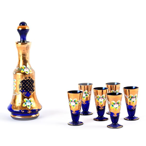 Servizio da rosolio in vetro blu e dorato, Boemia