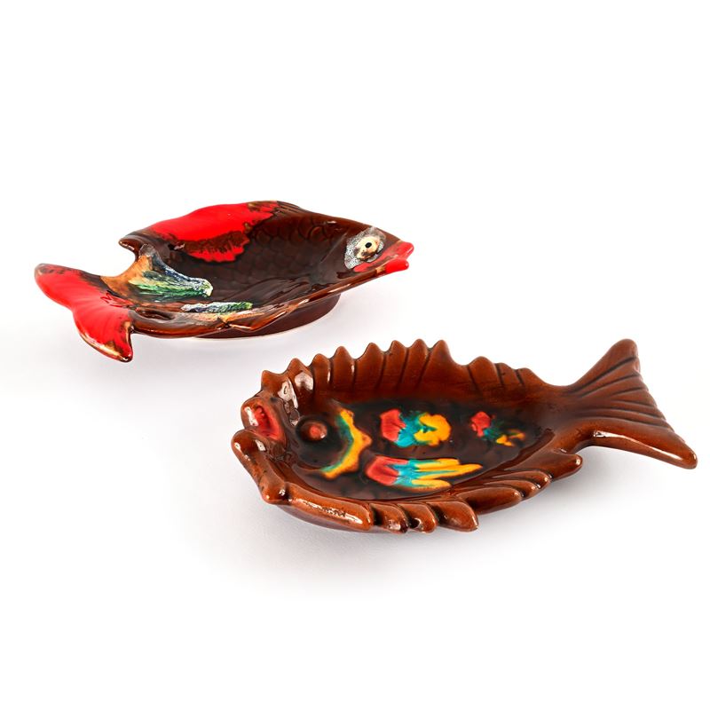 Due Piccoli Vassoi in Ceramica Marrone e Policroma