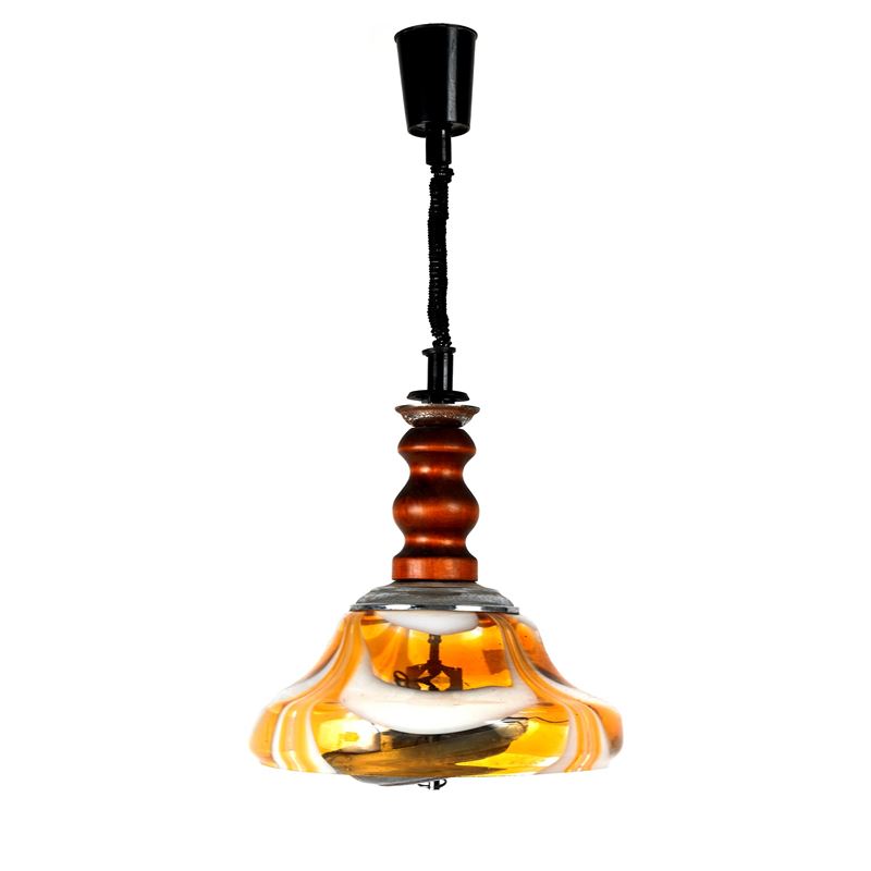 Lampada a sospensione in vetro color ambra e bianco