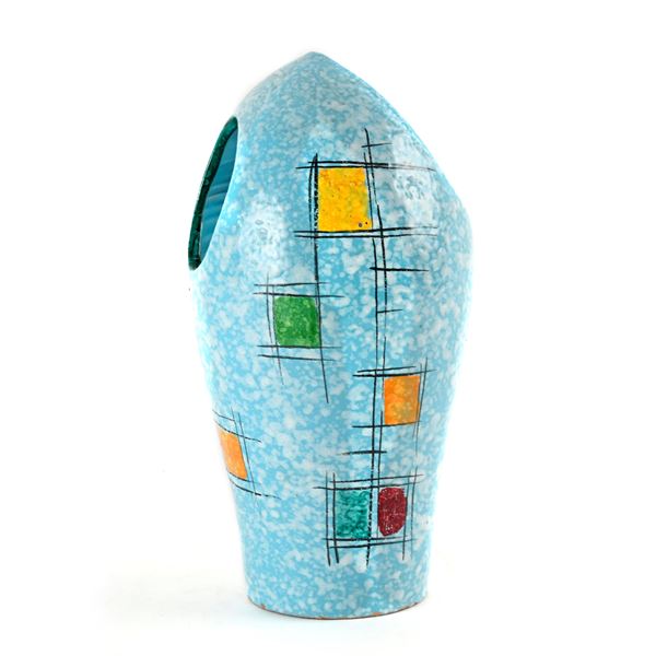 Vaso in ceramica a fondo celeste, anni '50  - Asta Soli mai - Bolli & Romiti - Casa d'Aste in Roma