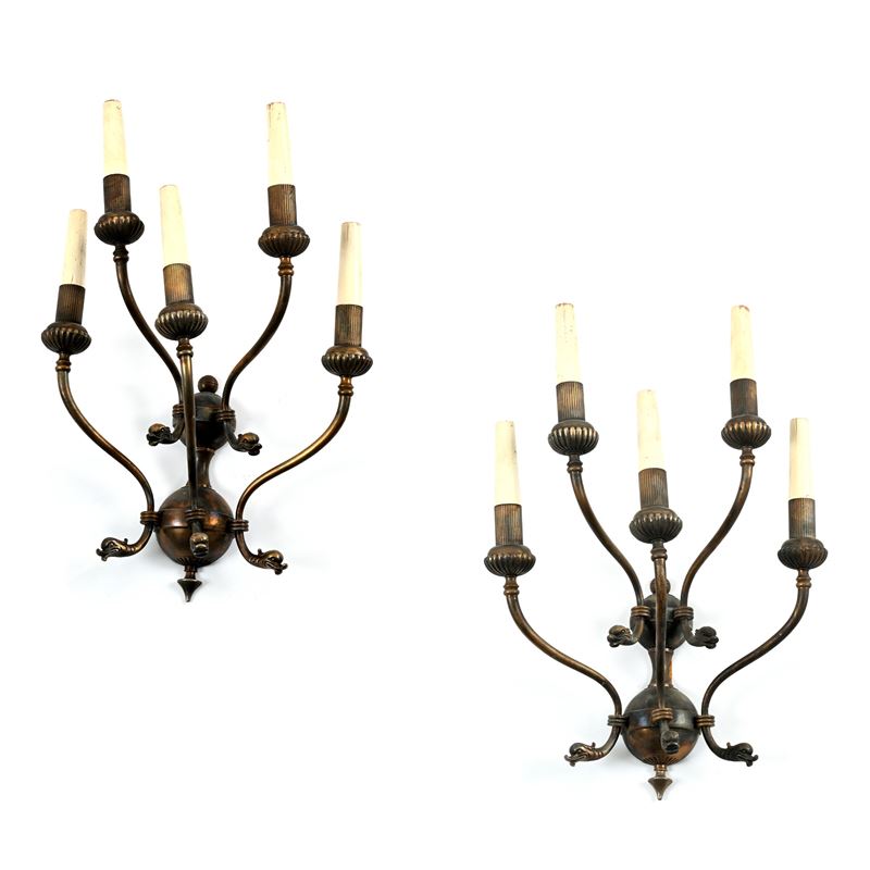 Coppia di appliques in bronzo e metallo patinato