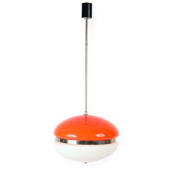 Lampada a sospensione in vetro bianco e arancione, anni '70