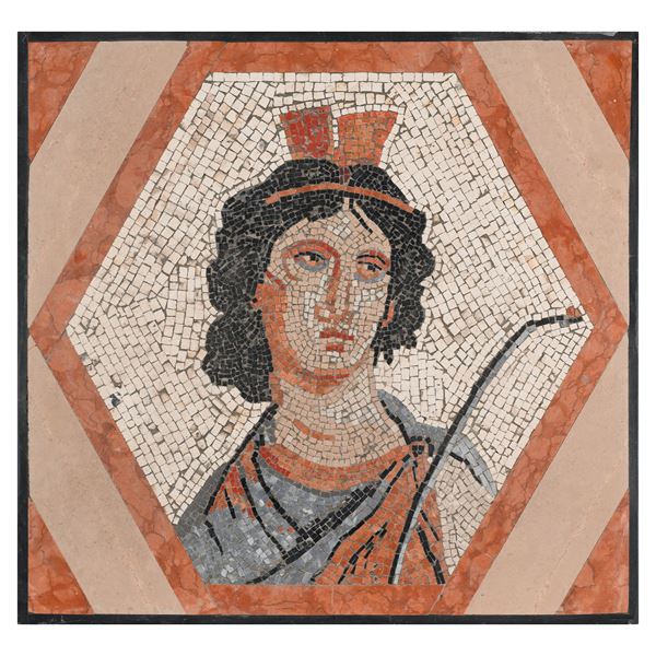 Placca in mosaico su tavola lignea