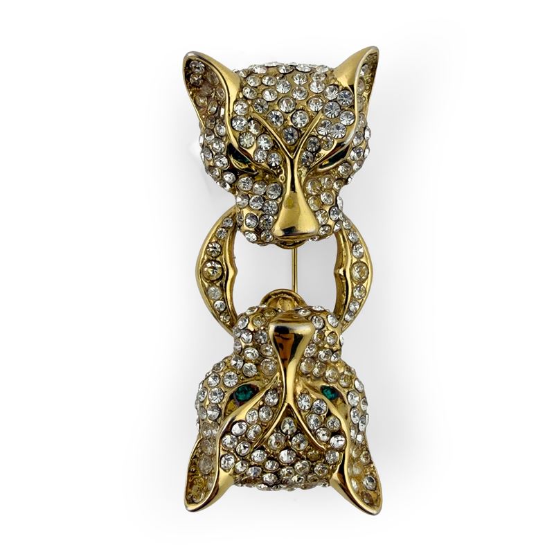 Bijoux Cascio, Spilla in metallo dorato cesellata a testa di pantera con strass