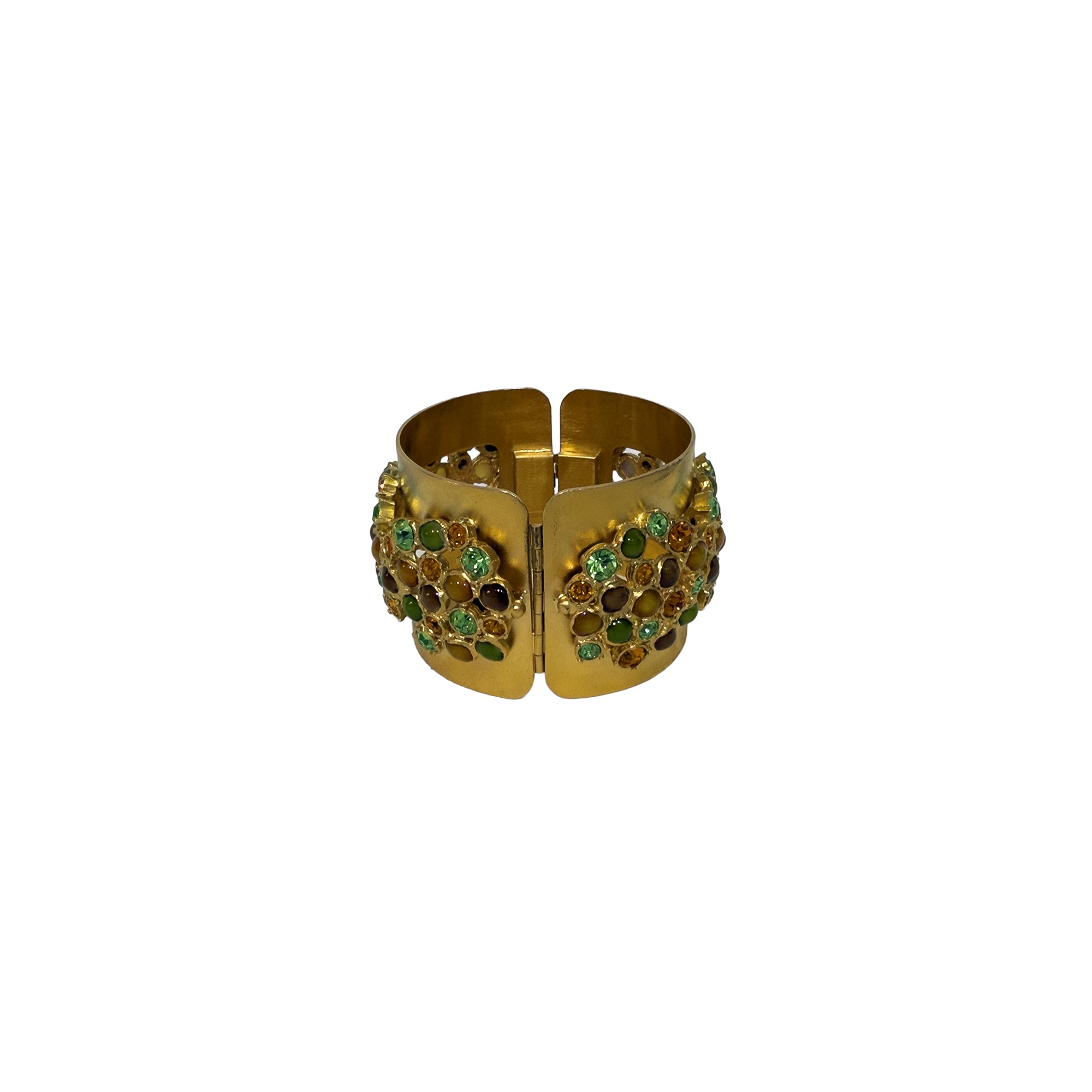 Bracciale rigido in metallo dorato con applicazioni di cristalli sfaccettati e cabochon