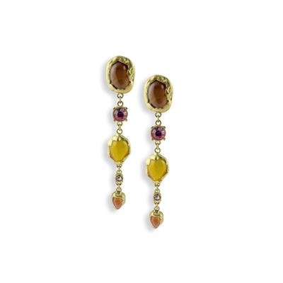 Orecchini pendenti in metallo dorato e satinato con pietre cabochon, anni '90