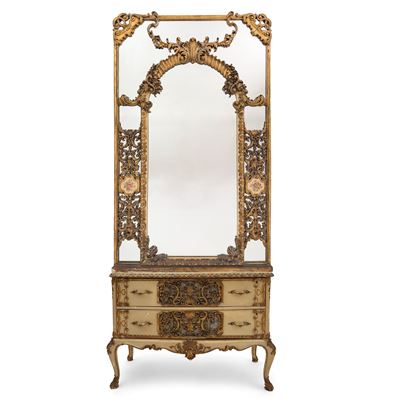 Cassettone con Specchiera in Legno Laccato Avorio e Dorato, Germania, Inizi del XX Secolo