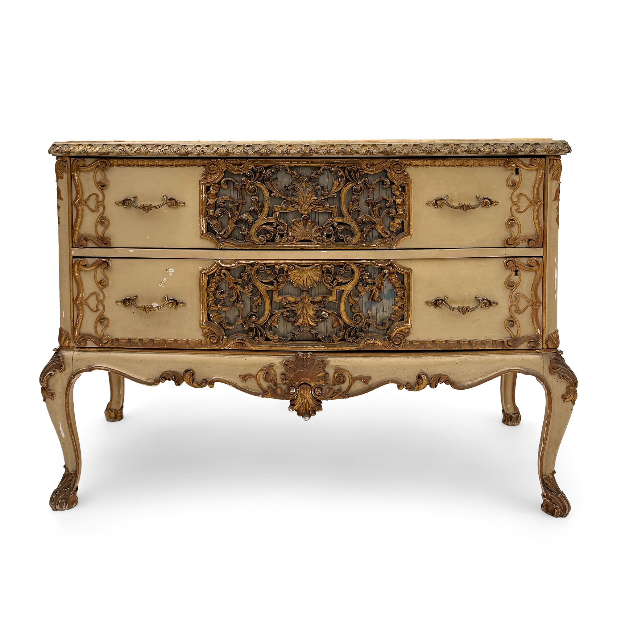 Cassettone con Specchiera in Legno Laccato Avorio e Dorato, Germania, Inizi del XX Secolo