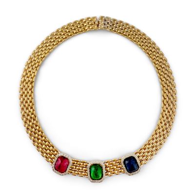 Collana a Maglie Dorate con Finte Pietre Colorate e Strass, Vogue Bijoux, Anni '80