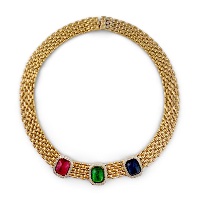 Collana a Maglie Dorate con Finte Pietre Colorate e Strass, Vogue Bijoux, Anni '80