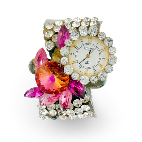 Bracciale-orologio argentato con strass e vetri colorati, Miyoko