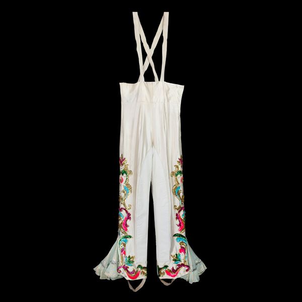 Paio di pantaloni di scena a vita alta in tessuto elasticizzato bianco