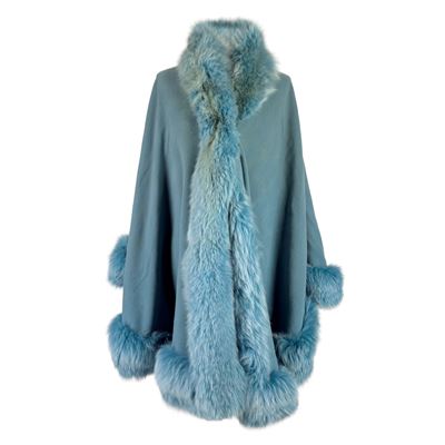 Cappa in Tessuto Misto Cashmere Azzurro con Collo e Bordo in Volpe Parimenti Azzurra