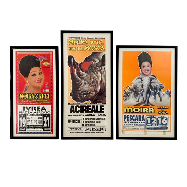Tre locandine incorniciate di spettacoli circensi di Moira Orfei
