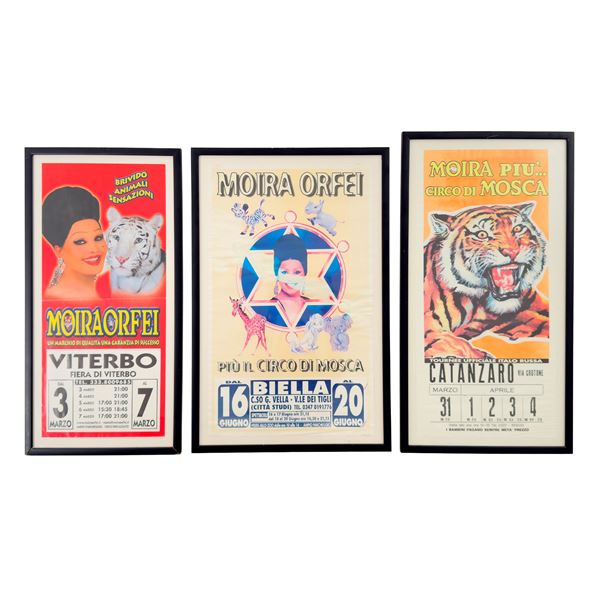 Tre locandine incorniciate di spettacoli circensi di Moira Orfei