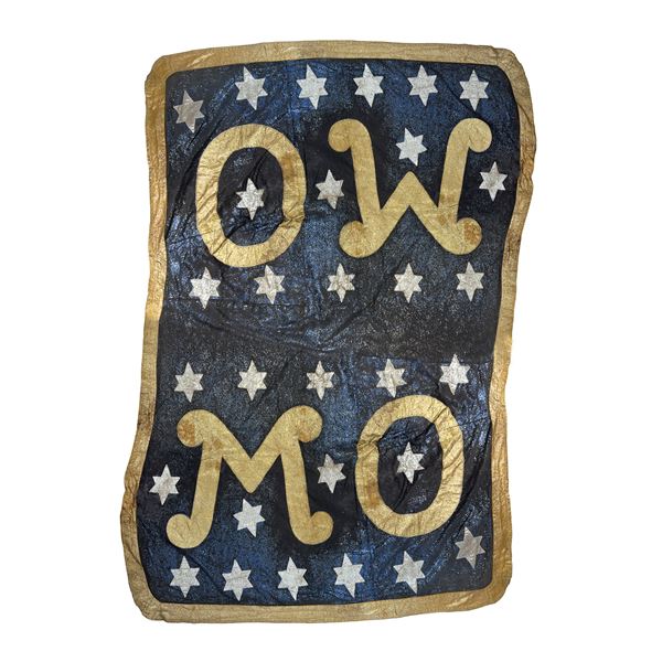 Coperta da elefante in tela di jeans e cuoio rivestita in tessuto glitterato blu dorato e argentato