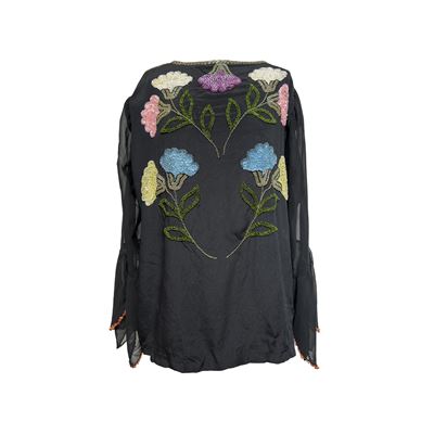 Blusa in tessuto nero con ricamo floreale in paillettes e perline