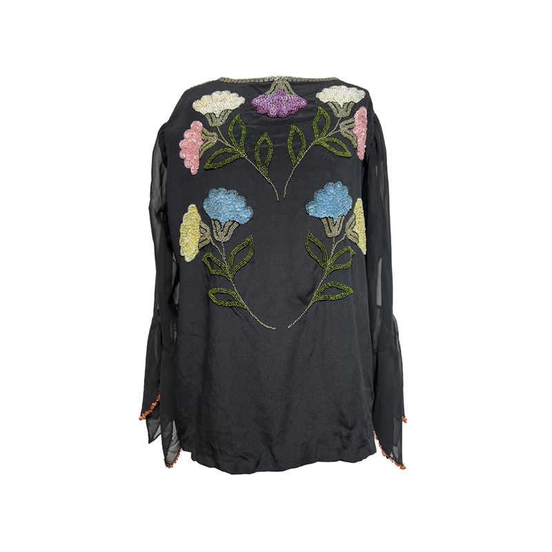 Blusa in tessuto nero con ricamo floreale in paillettes e perline