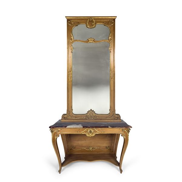 Console con specchiera in legno parzialmente dorato