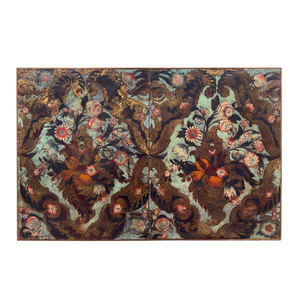 Coppia di pannelli in cuoio di Cordova riuniti in unica cornice, XVII secolo