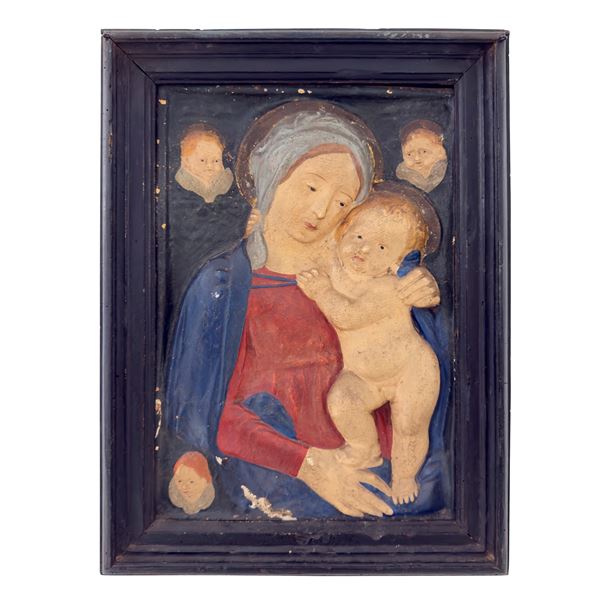 Madonna col Bambino, placca rettangolare in stucco policromo, Toscana, XVI secolo
