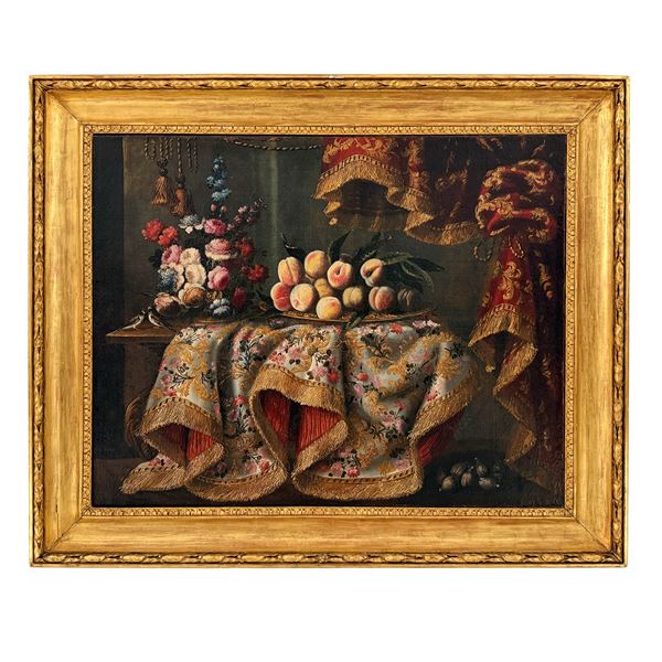 Antonio Gianlisi, Natura morta con frutta, fiori e coperta damascata sopra un tavolo