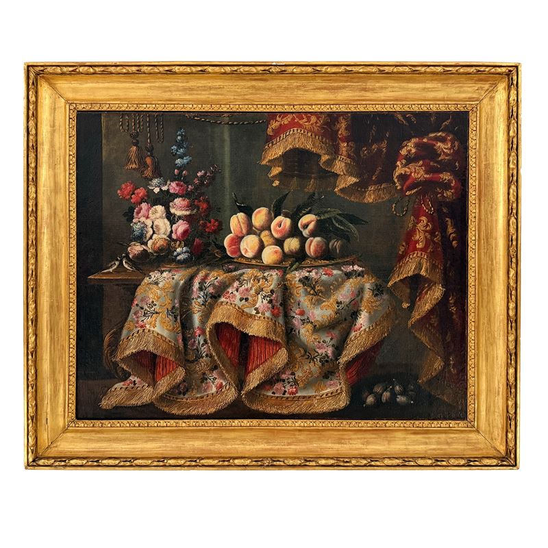 Antonio Gianlisi, Natura Morta con Frutta, Fiori e Coperta Damascata Sopra un Tavolo