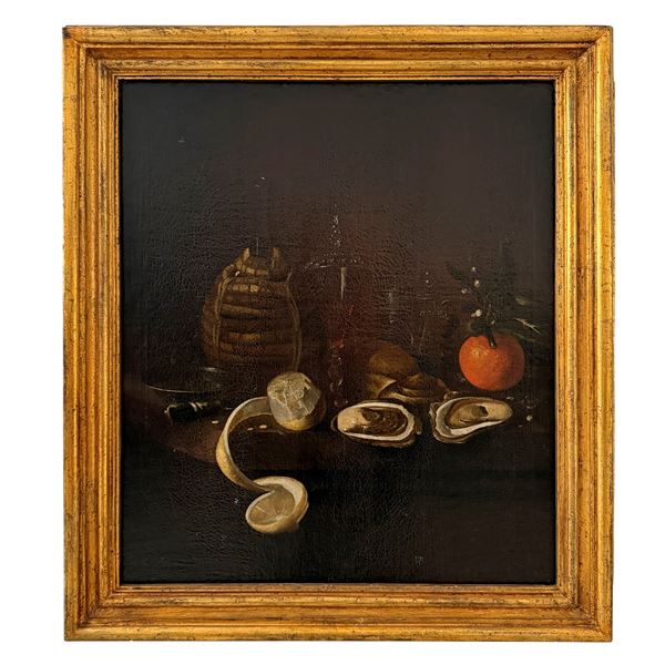 Martinus Nellius (attr.), Natura morta con ostriche, limone e arancio